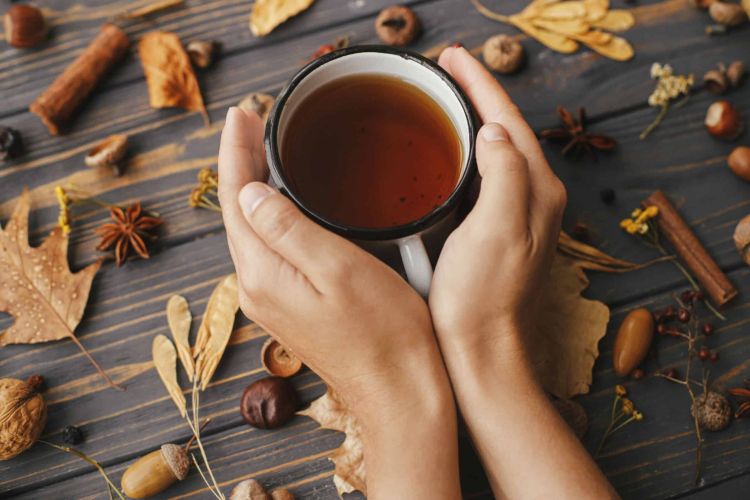 Hands holding warm cup of tea on background of autumn leaves, be
